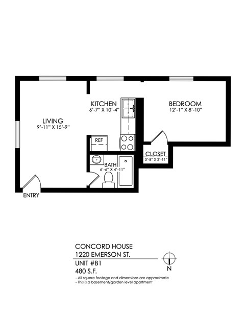 A floor plan of a one bedroom apartment at Concord House.
